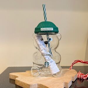 Starbucks Clear Bear Cup with Green Lid and Straw